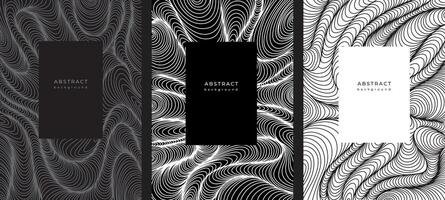 Set of abstract templates with wavy linear pattern. Line art. Black and white wavy background. Posters with geometric curved texture. Abstract striped texture. Surface distortion. Optical illusion vector