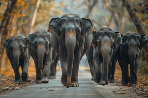 A group of elephants walking down a road photo