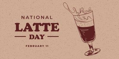 National latte day banner. Coffee day poster. Glass mug with spilled coffee. Splash drink. Sketch style cup of latte macchiato. Beverage drawing with hatching. Grainy background vector