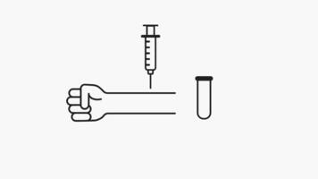 Black white animation visual representation of blood sample collection depicting arm extended for blood draw, syringe, test tube, and clipboard indicating health check results video