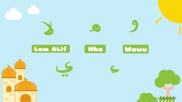 Animated Hijaiyah as Arabic Alphabet Wawu, Hha, Ali Lam, Hamzah, Yak with Masjid, Sun, Cloud, Tree, Grass, Garden and Sky as a Background. Suitable for Pre School and Educational Content. video