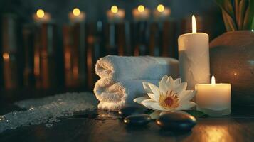 Relaxing Spa Setting with Candles, Towels, and Flowers for Ultimate Zen Experience photo