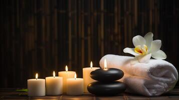 Create a serene spa atmosphere with candles, stones, and flowers for relaxation and wellness photo