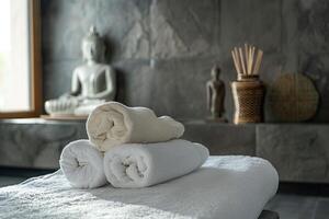 Spa Towels and Buddha Statue create a serene setting for relaxation and spiritual healing photo