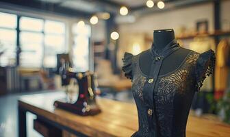 A black dress is displayed on a mannequin in a store photo
