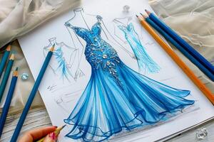 A blue dress is being drawn with a pencil on a piece of paper photo