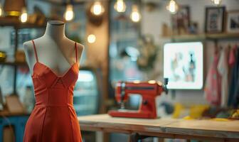 A red dress is displayed on a table in a room with a sewing machine photo