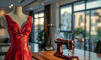 A red dress is displayed on a table next to a sewing machine photo