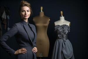 A woman stands in front of two mannequins, one of which is wearing a dress photo