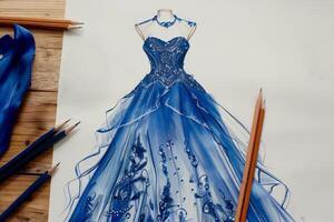 A blue dress is drawn on a piece of paper with a pencil photo