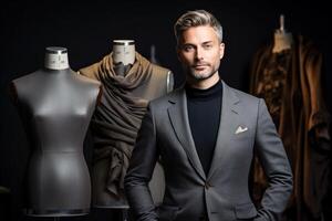 A man in a suit stands in front of mannequins dressed in clothing photo
