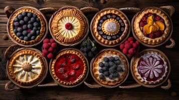 A table full of different types of pies and fruit photo