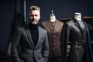 A man stands in front of a mannequin wearing a suit and tie photo