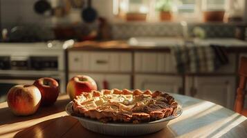 A pie is sitting on a table next to two apples photo