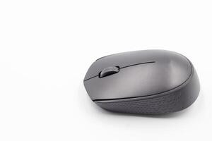 Black wireless mouse on white background, wireless computer mouse on white background. photo