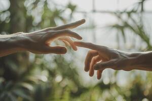 A closeup of two hands reaching towards each other, one with a finger touching photo