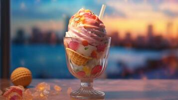 Ice Cream in a Glass Goblet on the Beach Against the Backdrop of the Blurred Sea. Colorful horizontal composition. photo