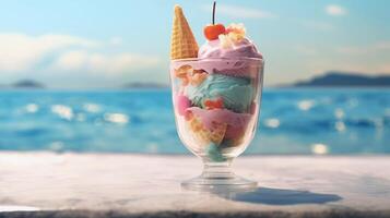 Ice Cream in a Glass Goblet on the Beach Against the Backdrop of the Blurred Sea. Colorful horizontal composition. photo