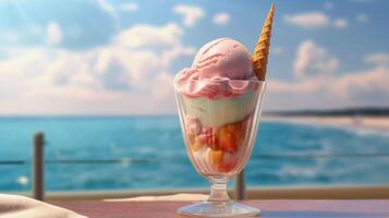 Ice Cream in a Glass Goblet on the Beach Against the Backdrop of the Blurred Sea. Colorful horizontal composition. photo
