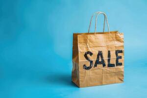 A Brown Paper Bag With The Word Sale Written In Black On A Light Blue Background. photo