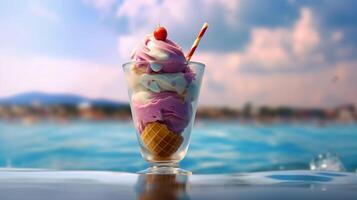 Ice Cream in a Glass Goblet on the Beach Against the Backdrop of the Blurred Sea. Colorful horizontal composition. photo