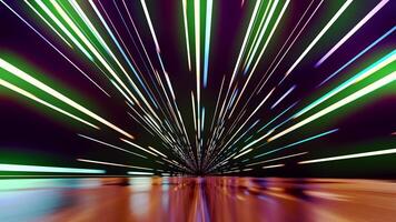 Abstraction of moving through an infinite futuristic tunnel with glowing lines on the sides and a flat reflective bottom on a high speed. Dynamic CGI motion design on a vivid background video
