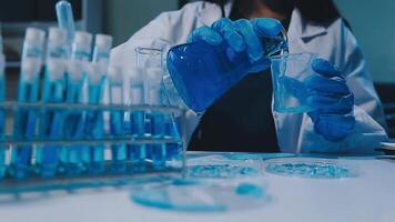 Scientists analyzing coronavirus study data and evaluating microscope. Health care researchers doing some research virus with dropper chemical testing and working in life science laboratory. video
