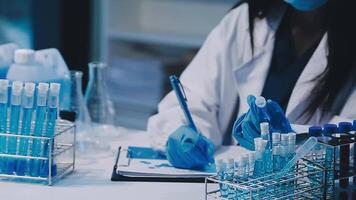 Scientists analyzing coronavirus study data and evaluating microscope. Health care researchers doing some research virus with dropper chemical testing and working in life science laboratory. video