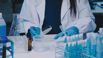 Scientists analyzing coronavirus study data and evaluating microscope. Health care researchers doing some research virus with dropper chemical testing and working in life science laboratory. video