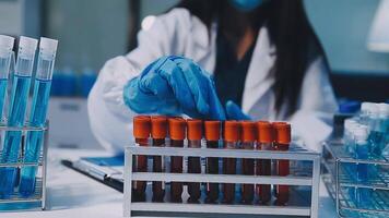 Scientists analyzing coronavirus study data and evaluating microscope. Health care researchers doing some research virus with dropper chemical testing and working in life science laboratory. video