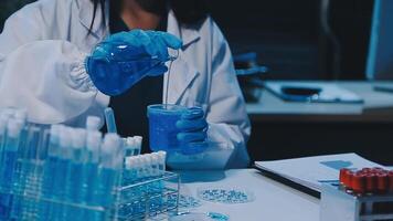 Scientists analyzing coronavirus study data and evaluating microscope. Health care researchers doing some research virus with dropper chemical testing and working in life science laboratory. video
