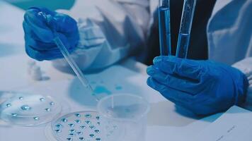 Scientists analyzing coronavirus study data and evaluating microscope. Health care researchers doing some research virus with dropper chemical testing and working in life science laboratory. video