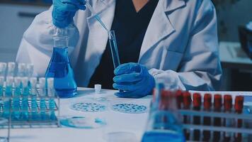 Scientists analyzing coronavirus study data and evaluating microscope. Health care researchers doing some research virus with dropper chemical testing and working in life science laboratory. video