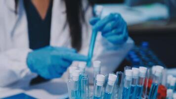 Scientists analyzing coronavirus study data and evaluating microscope. Health care researchers doing some research virus with dropper chemical testing and working in life science laboratory. video