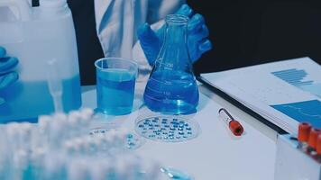 Scientists analyzing coronavirus study data and evaluating microscope. Health care researchers doing some research virus with dropper chemical testing and working in life science laboratory. video