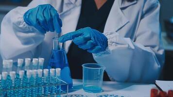 Scientists analyzing coronavirus study data and evaluating microscope. Health care researchers doing some research virus with dropper chemical testing and working in life science laboratory. video