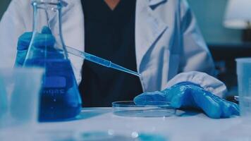 Scientists analyzing coronavirus study data and evaluating microscope. Health care researchers doing some research virus with dropper chemical testing and working in life science laboratory. video