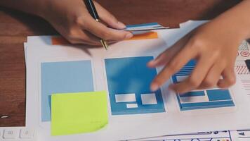 Woman designer create website design wireframe. Sketch, prototype, framework, layout future design project. UI and UX - user interface, user experience designer. Creative concept for web design studio video