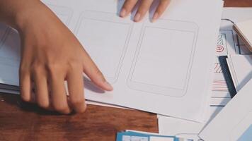 Woman designer create website design wireframe. Sketch, prototype, framework, layout future design project. UI and UX - user interface, user experience designer. Creative concept for web design studio video