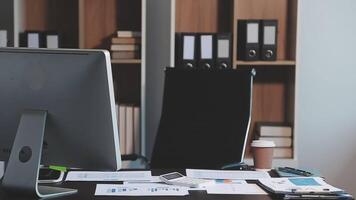 Finance manager meeting discussing company growth project success financial statistics, professional investor working start up project for strategy plan with document, laptop and digital tablet. video