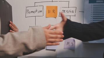 Finance manager meeting discussing company growth project success financial statistics, professional investor working start up project for strategy plan with document, laptop and digital tablet. video