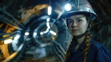 a girl in a work uniform with a helmet and a flashlight at a coal mine photo