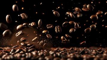 Coffee beans falling on a pile symbolizing energy, freshness, and great aroma on a dark background with copy space image in a close-up shot photo