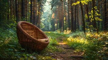 Wicker comfortable chair in a beautiful green forest for relaxation Wicker comfortable chair in a beautiful backyard for relaxationWicker comfortable chair in a beautiful green forest for relaxation photo