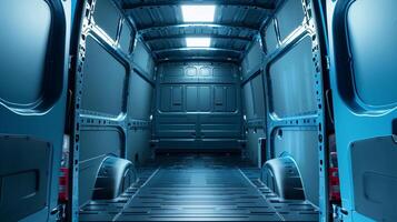 A low rear view of the open back doors and trunk area inside an empty blue van photo