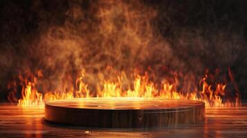 empty podium stage on the wooden table with flames background photo