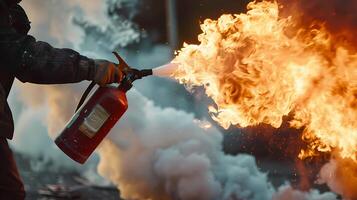 man used a fire extinguisher to put out the fire close-up photo