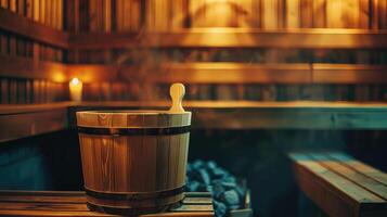Wooden bucket in sauna for relaxation photo