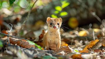 Small curious wild weasel in forest. photo