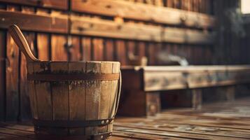 Wooden bucket in sauna for relaxation photo